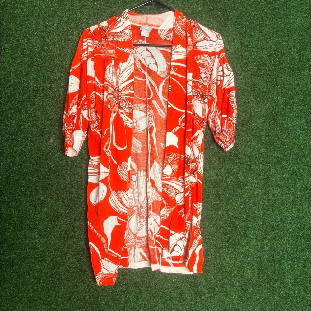 Chico's Red and White Floral Kimono